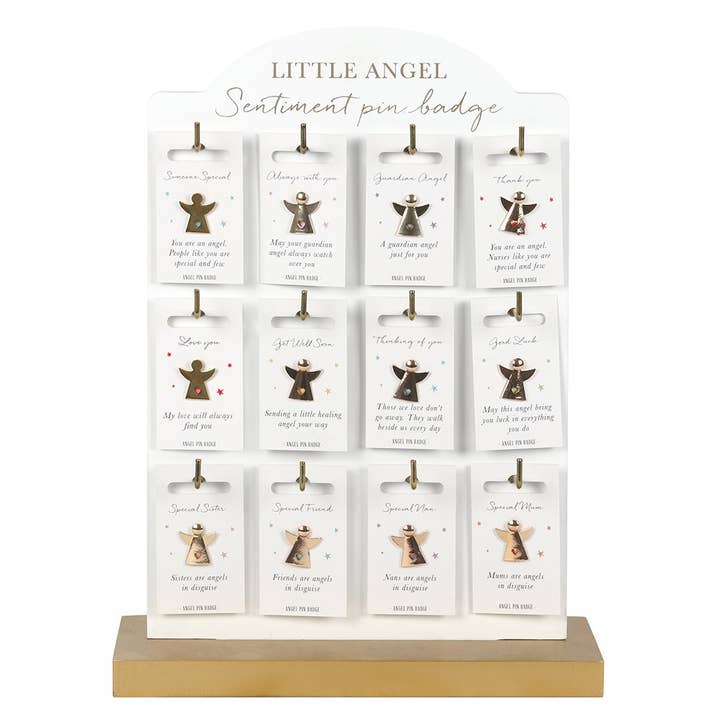 Something Different Wholesale - Wholesale Retailer Display - Accessories - Set of 60 Angel Sentiment Pin Badges on Display