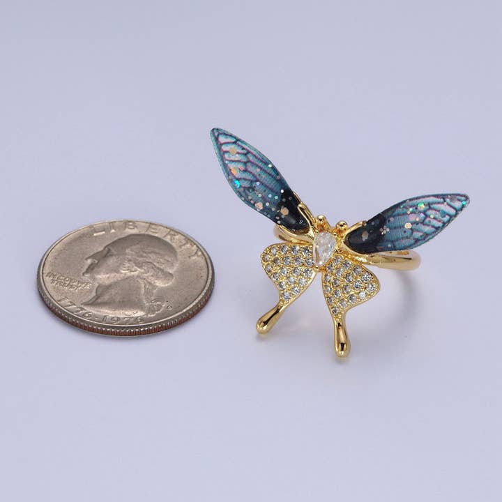 Aim Eternal - Wholesale Cocktail/Statement Ring - Fuchsia, Blue Micro Paved Butterfly Wings Teardrop Insect Gold Rings | Y400 Y4011