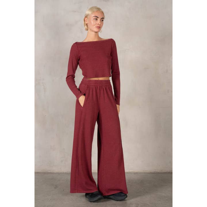 Crossover-Boatneck-Langarm-Top-Set mit weit geschnittenen Hosen für den Großhandel von lalamia