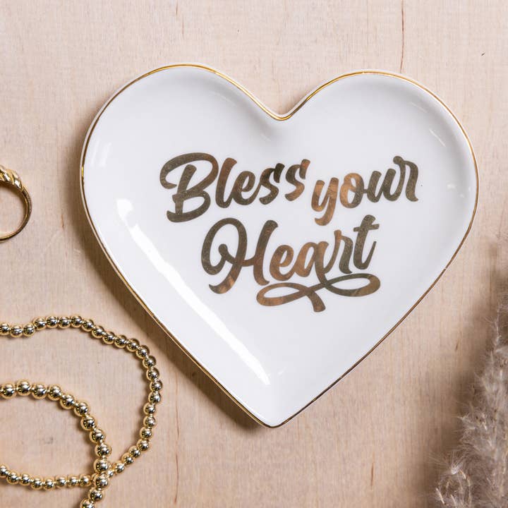 White Gold Bless Your Heart Ceramic Trinket Tray for wholesale on Faire2