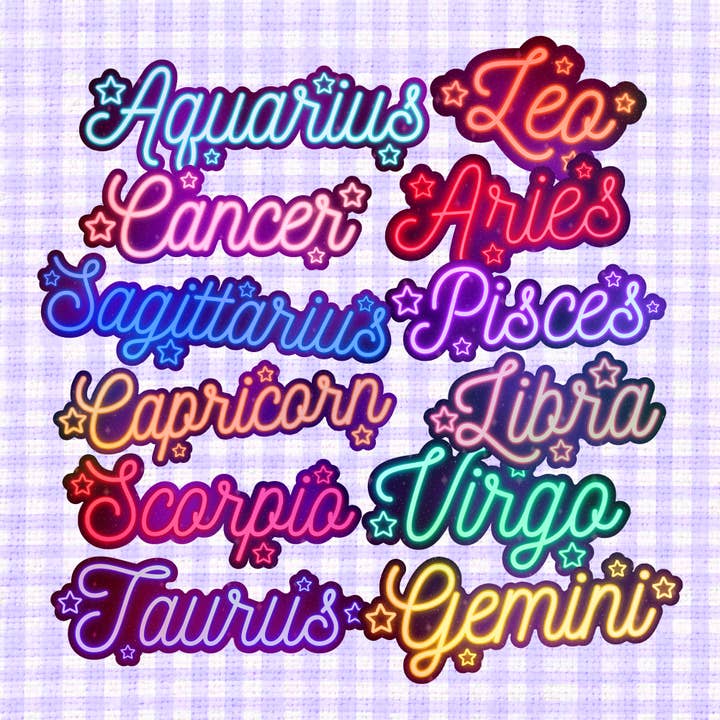 Zodiac Neon Signs Holographic Vinyl Stickers for wholesale by LooLooKazoo