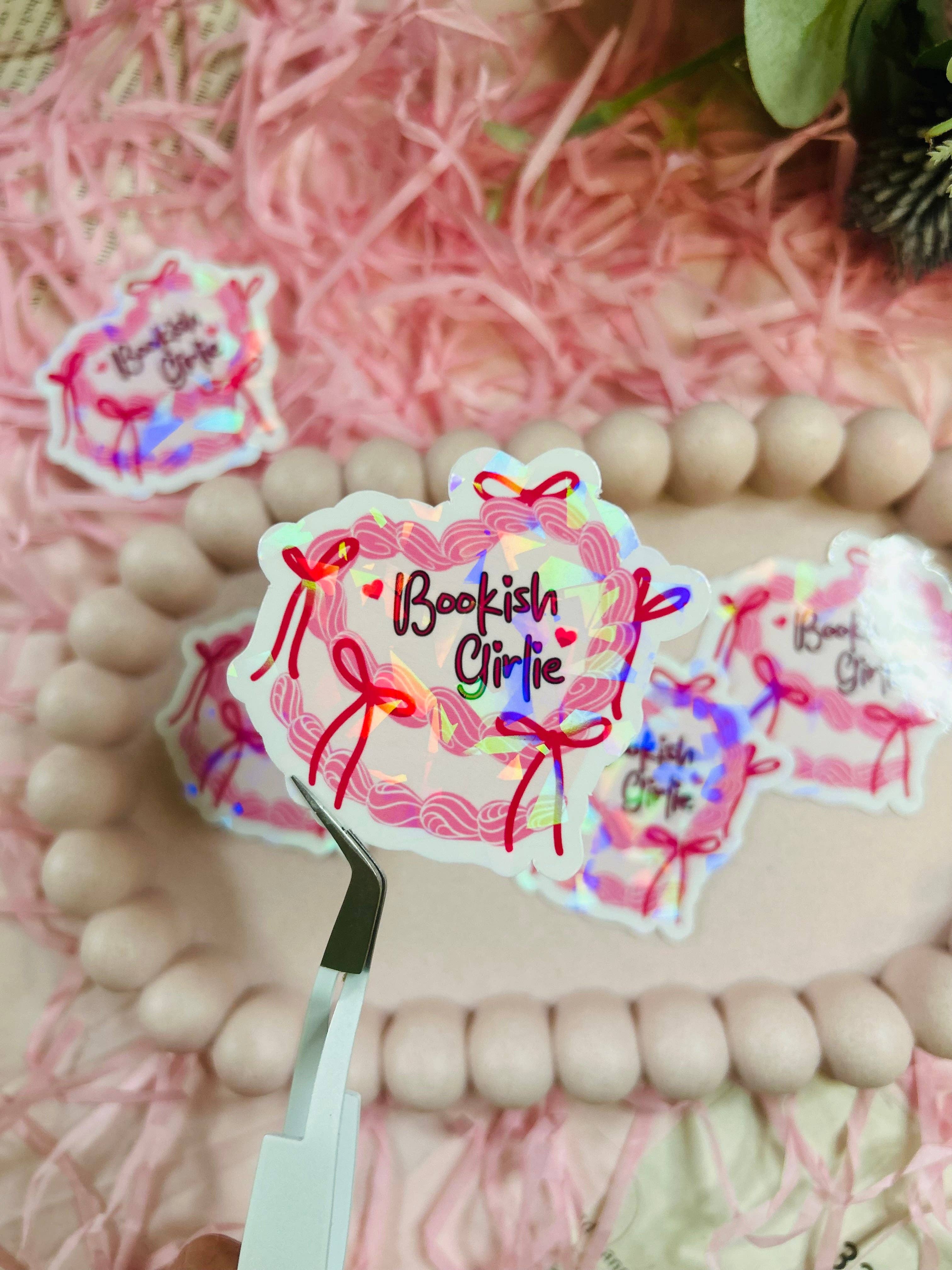 TheBookShack – wholesale Sticker – Holographic "Bookish Girlie" Vinyl Sticker – Pink Bow Design0