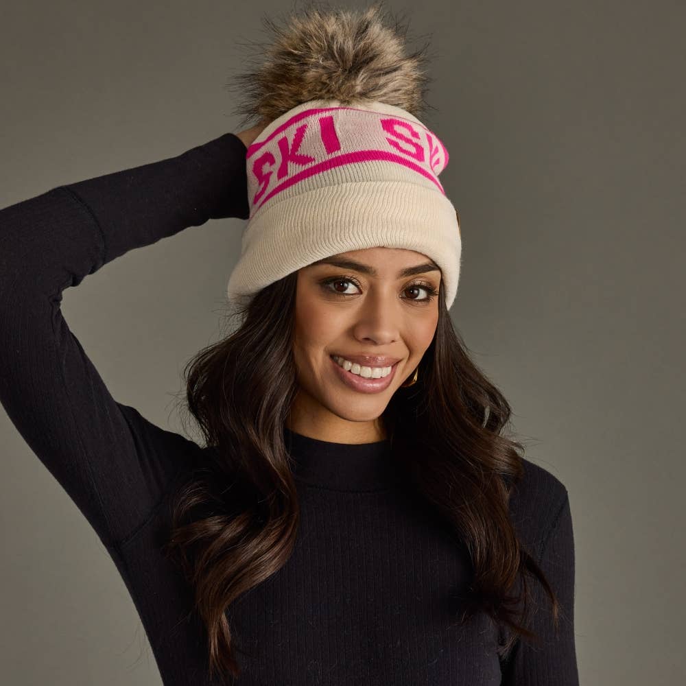 Panache Apparel Co. - Wholesale Beanie - Women's - Beige & Pink Ski Pom Hat0