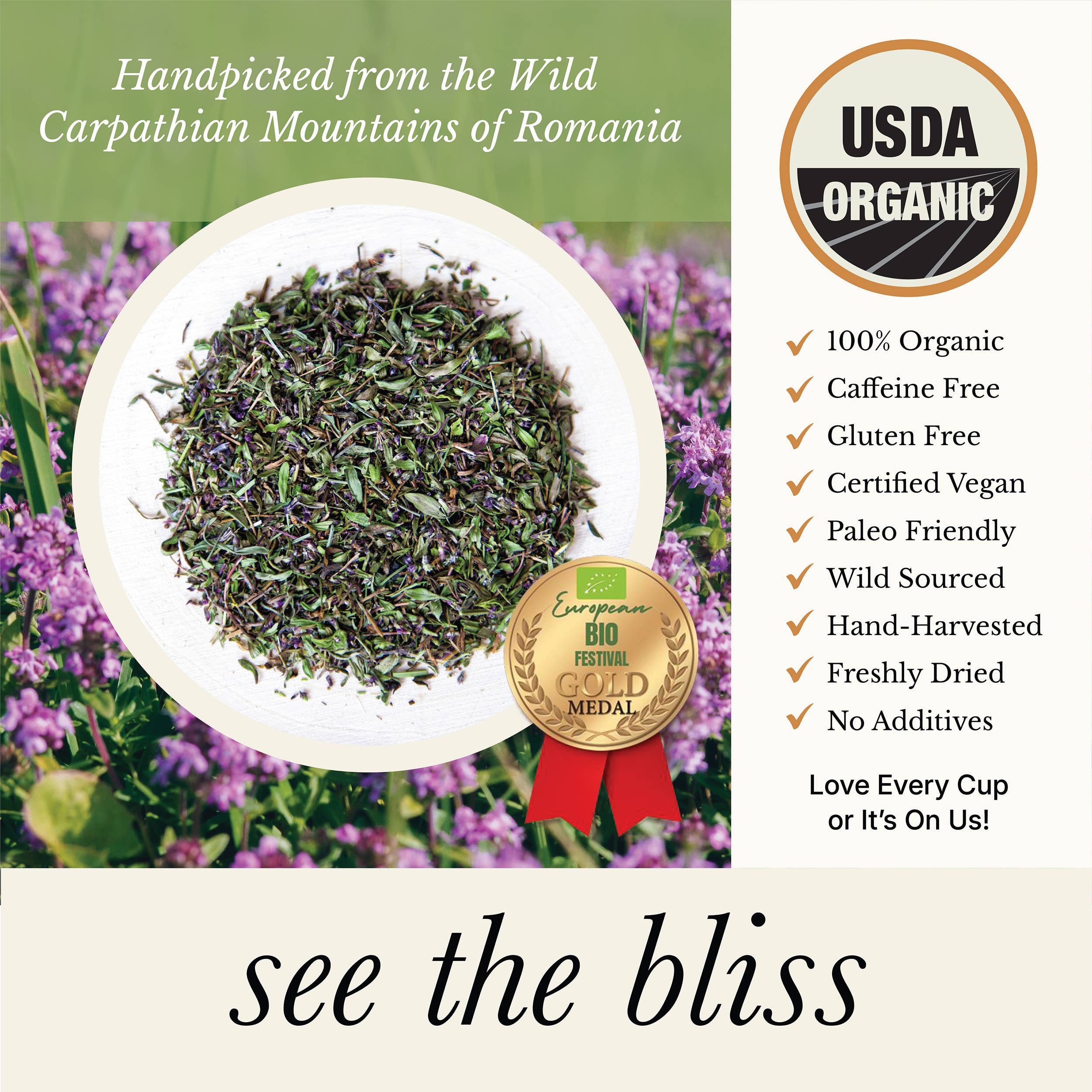 Wild Bliss - Wholesale Loose Tea - Organic Wild Thyme Wellness Tea - Loose Leaf, 25 Servings3