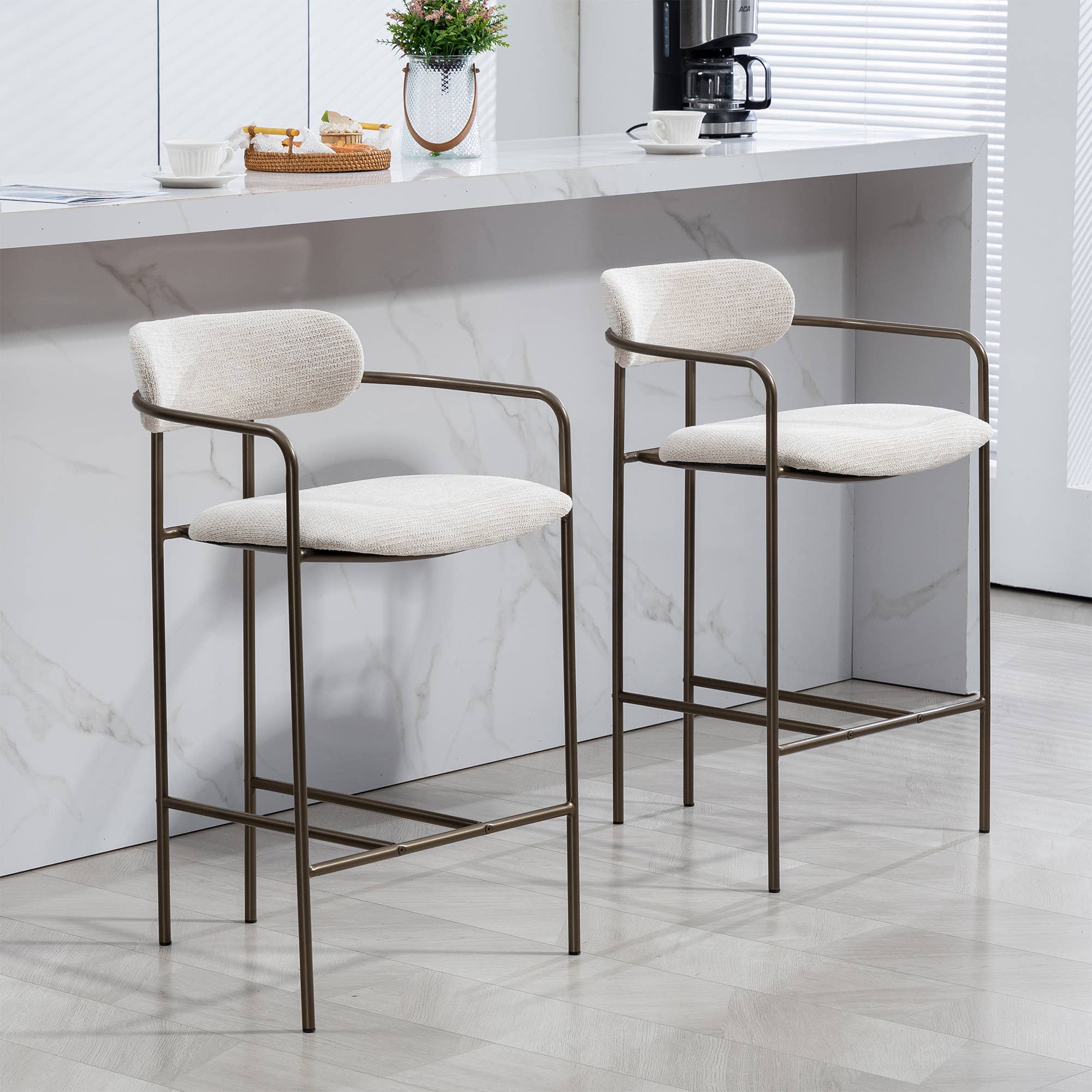 Glamour Home - Vente Tabouret - Ensemble de 2 tabourets de comptoir en tissu tissé beige Berker8