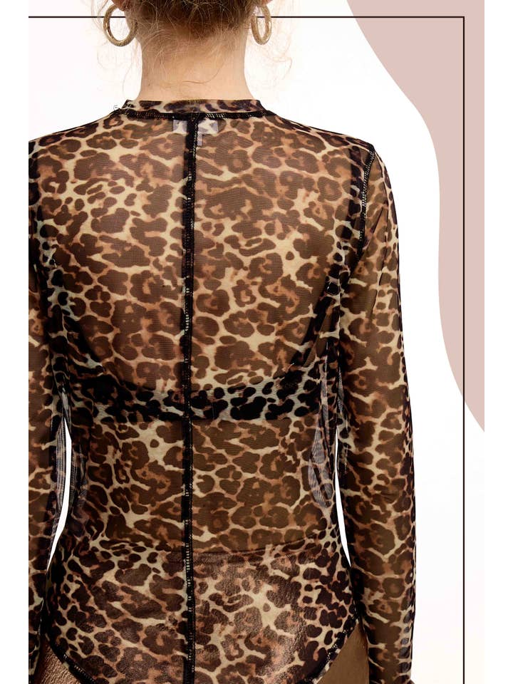 La Miel - Wholesale T-Shirt - Women's - JDT7709-Semi Sheer Leopard Printed Long Sleeve Mesh Top9