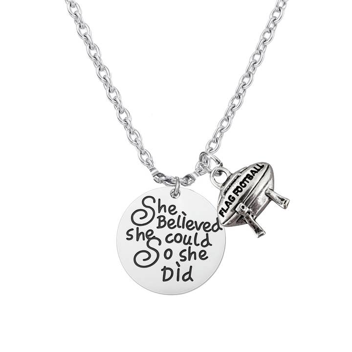 Flag Football Necklace – “She Believed She Could So She Did” Inspirational Jewelry for wholesale by Sportybella