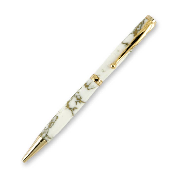 White Marble TruStone Slimline 24k Gold Plated Twist Pen for wholesale by Woodnotch