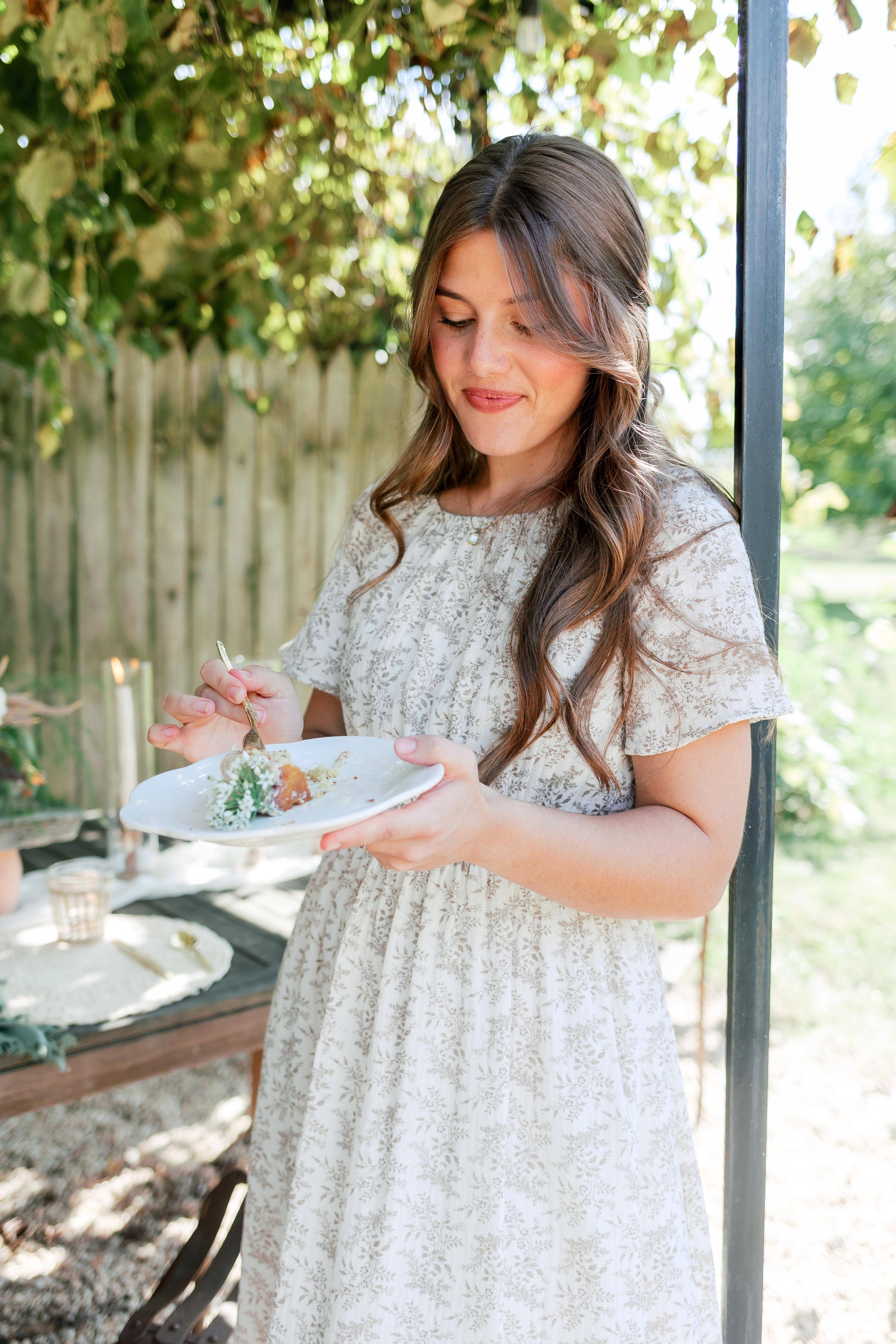 Ivory 'Cynthia' Botanical Print Cotton Gauze Midi Dress for wholesale on Faire10