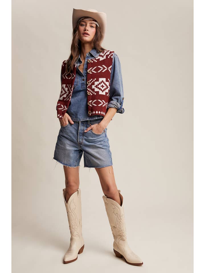 Listicle - Wholesale Sweater Vest - Women's - Southwestern Button-Up Vest LSW097719