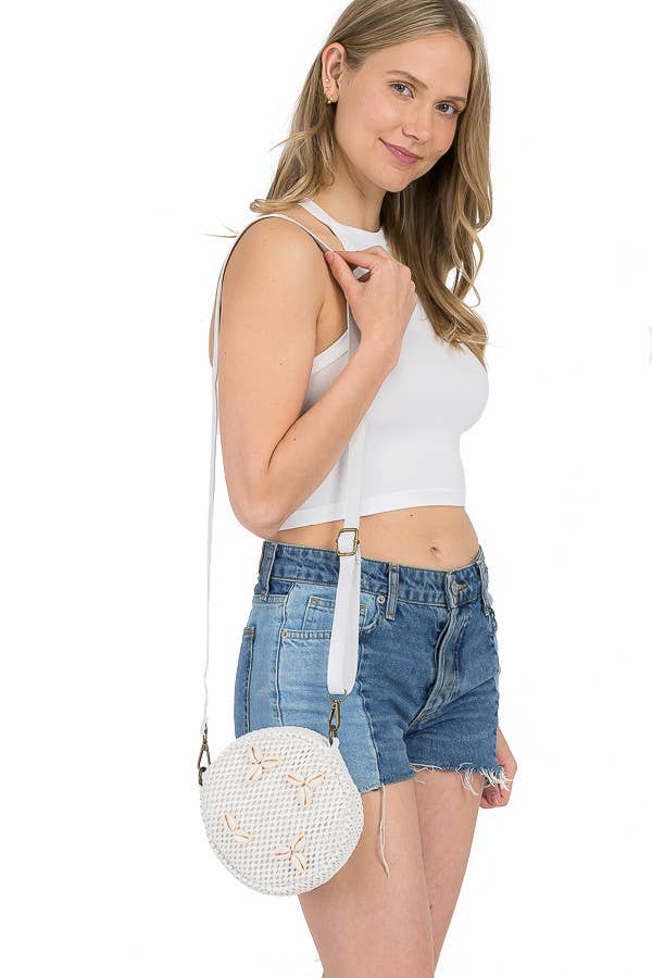 Cap Zone - Vendita all'ingrosso Borsa a tracolla - Donna - Borsa in vimini circolare all'uncinetto in paglia decorata con conchiglie1