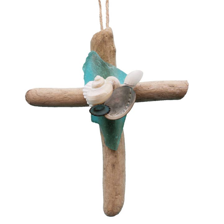 California Seashell Company - Wholesale Ornament - Driftwood Cross Ornament with Sea Glass