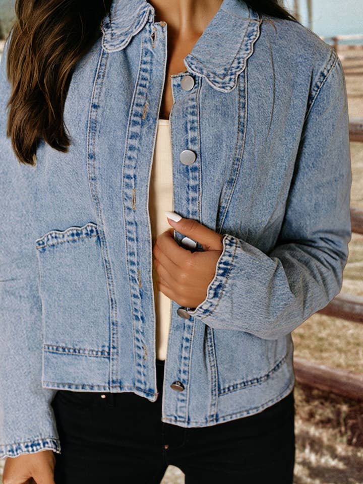 Scallop Trim Collar Patch Pocket Button Up Denim Jacket for wholesale by fashionworks