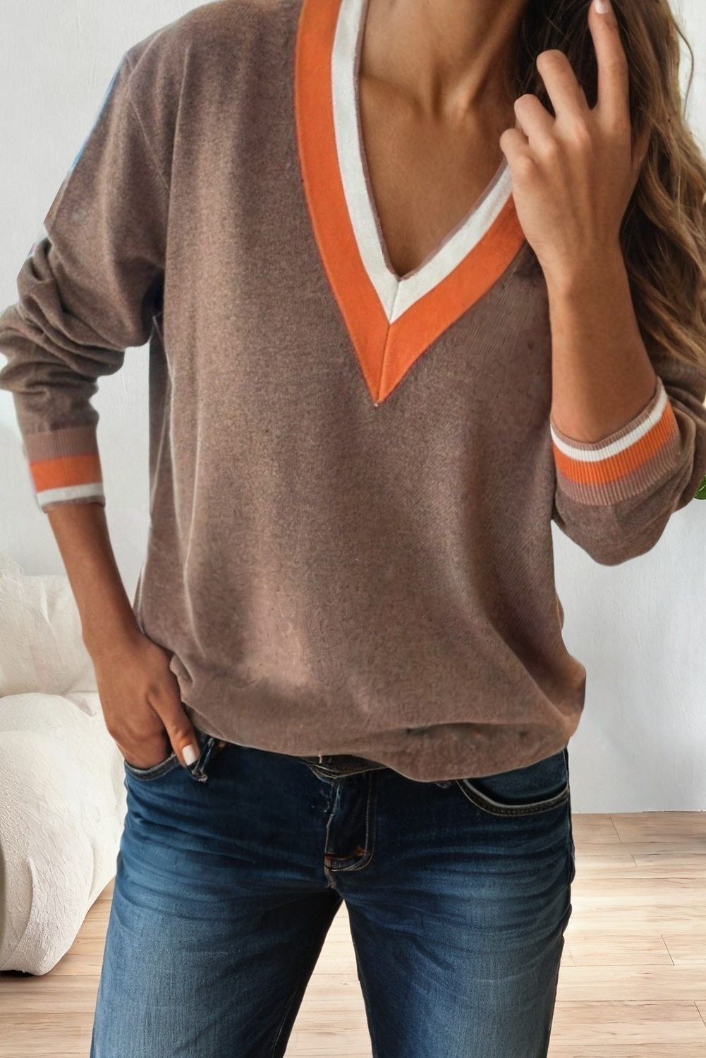 LA Society - Vente Sweat-shirt – femme - Pulls universitaires à col en V avec bordure contrastée à rayures pour femmes2