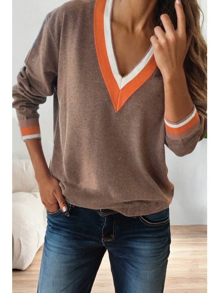 LA Society - Wholesale Sweatshirt - Women's - Contrast Striped Trim V Neck Varsity sweaters for women2