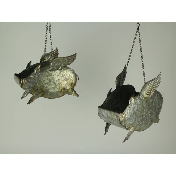 Zeckos - Wholesale Plant Pot - Set of 2 Distressed Metal Flying Pig Hanging Planters 1