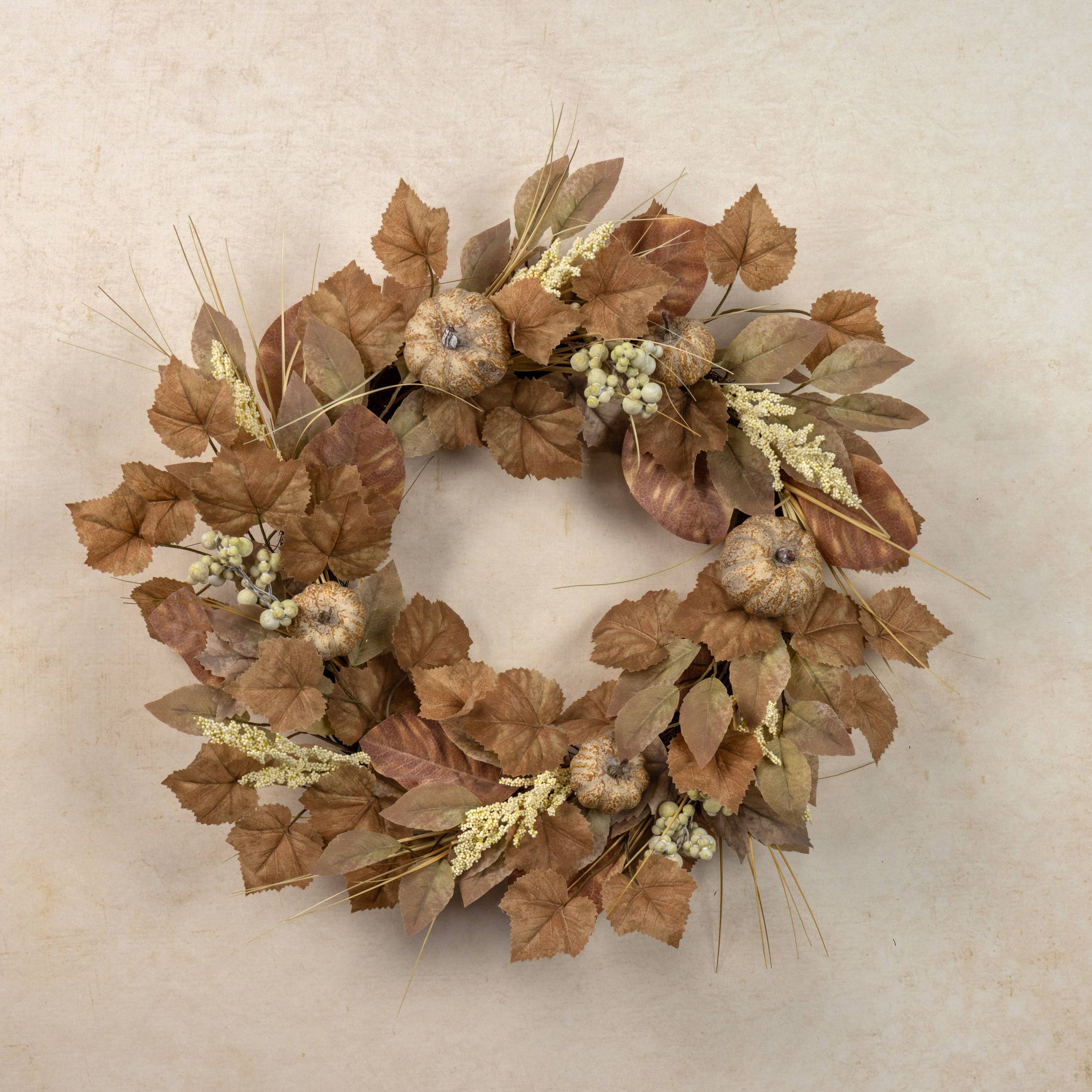 Ragon House – wholesale Wreath – 24" BEIGE MIXED LEAF & PUMPKIN WREATH1