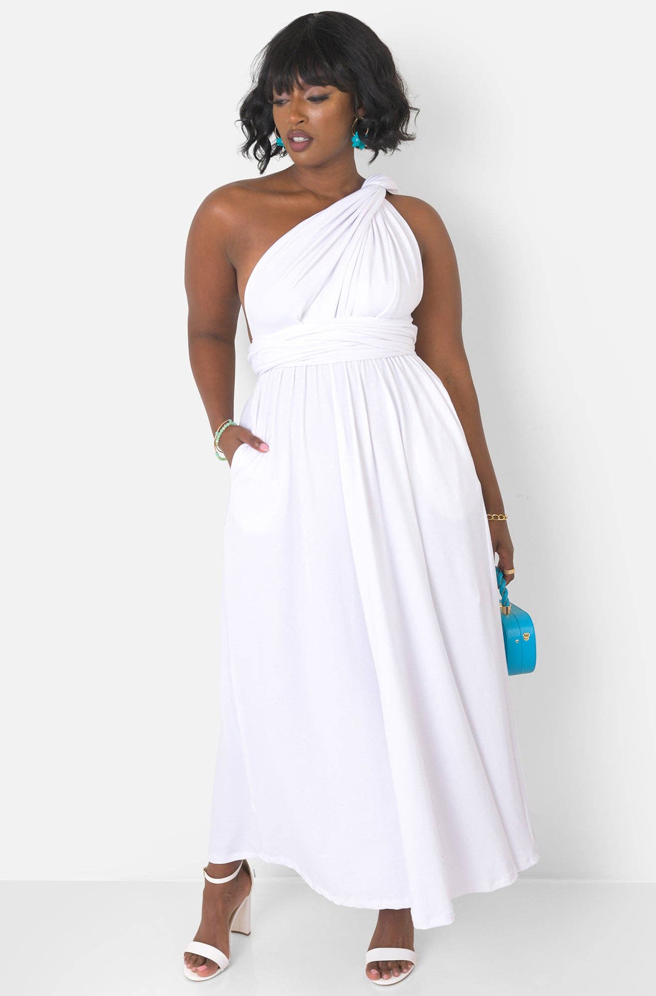 White Dreamy Sleeveless V Neck Multiway Skater Maxi Dress W. Pockets for wholesale on Faire8