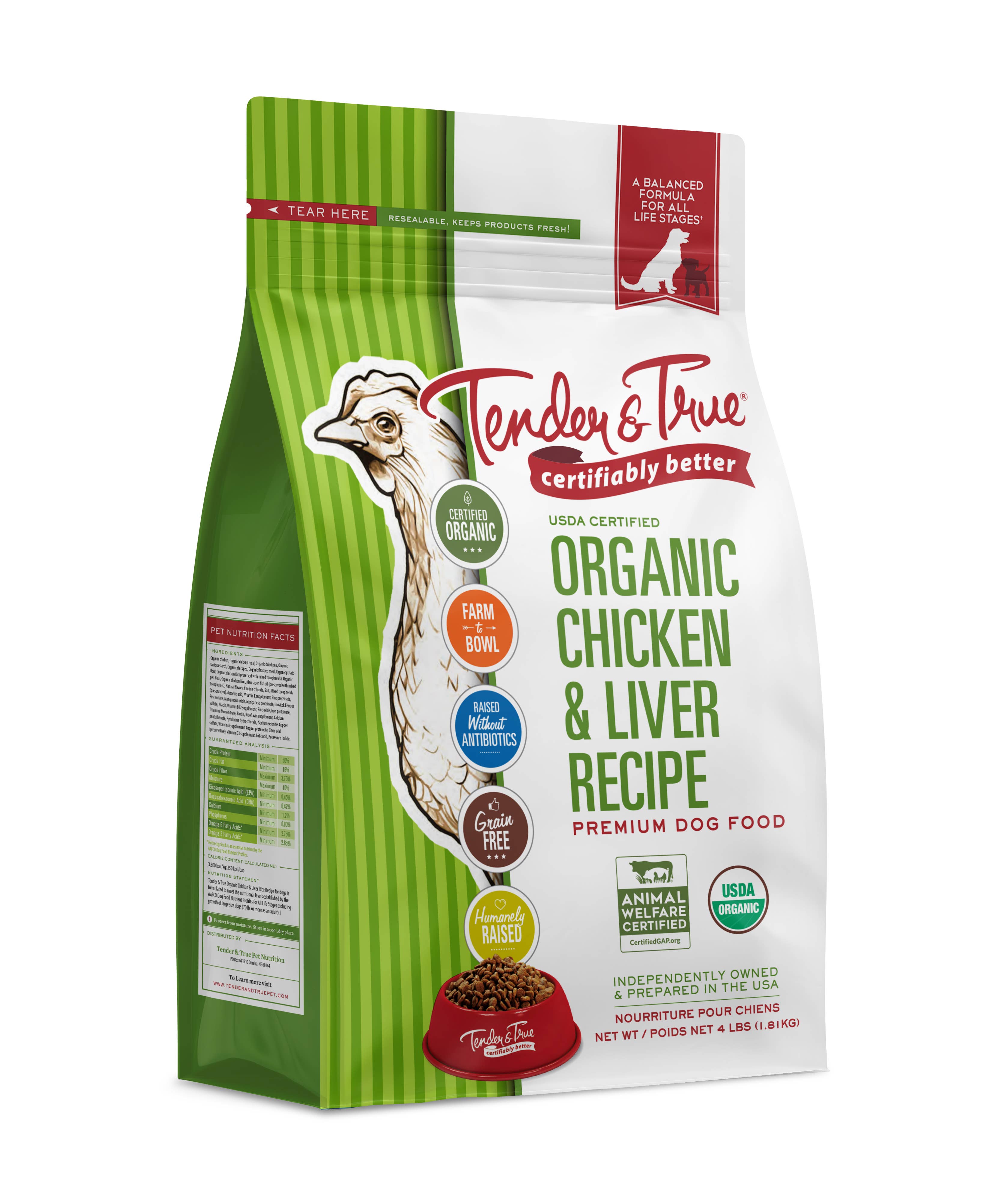 Tender & True Pet Nutrition - Wholesale Pet Food - Dog - Organic Chicken & Liver Recipe Dry Dog Food, 4 lb.