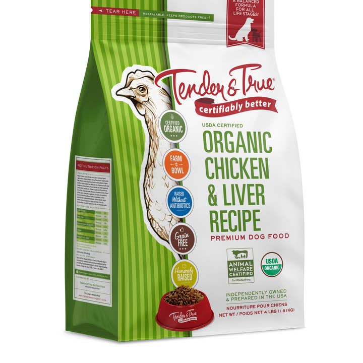 Organic Chicken & Liver Recipe Dry Dog Food, 4 lb. for wholesale by Tender & True Pet Nutrition