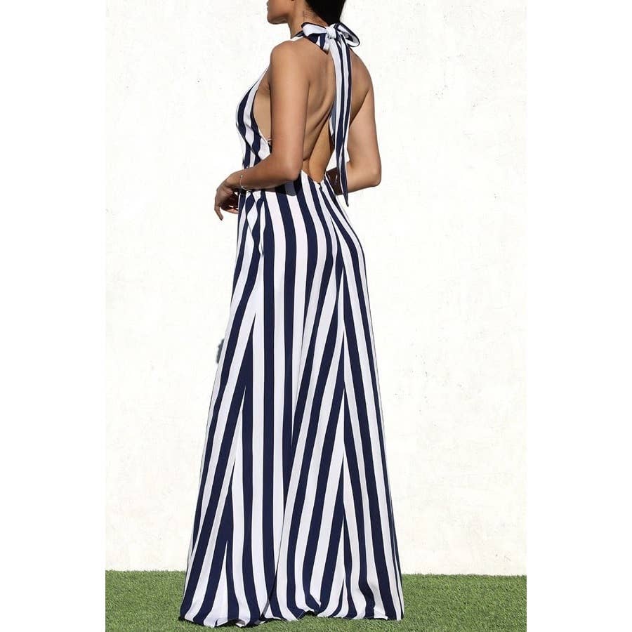 Esmeray Clothing - Wholesale Dress - Women's - Striped Halter Neck Maxi Dress with Side Pocket5