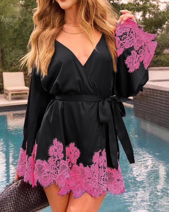 Rosa Clothing - Wholesale Dress - Women's - Satin Lace Trim Patchwork Bell Sleeve Kimono Dress0