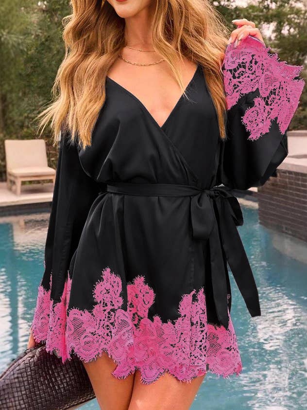 Rosa Clothing - Wholesale Dress - Women's - Satin Lace Trim Patchwork Bell Sleeve Kimono Dress0