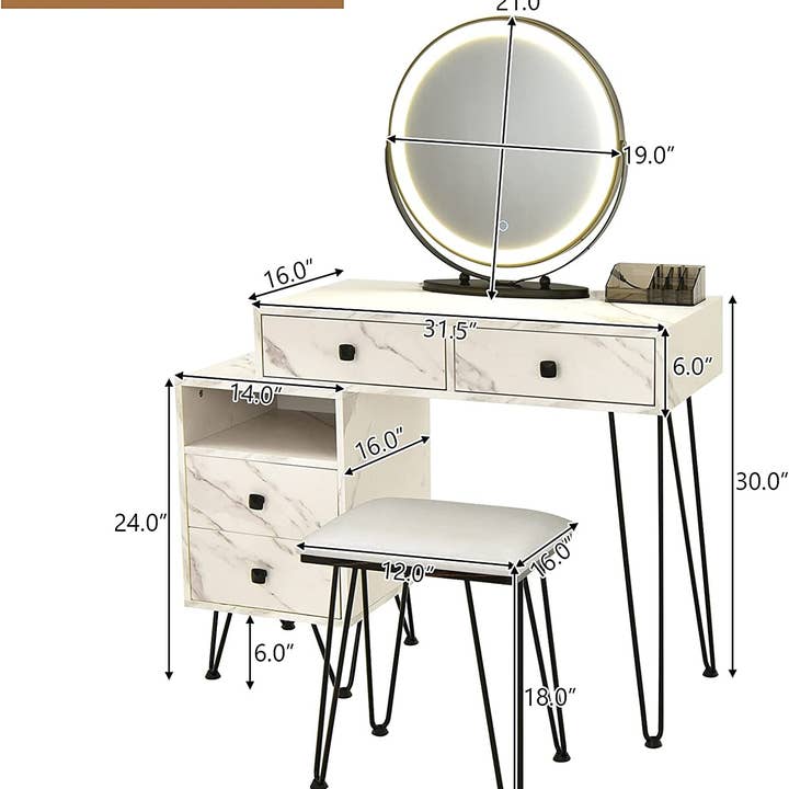 White Vanity Set with Lighted Mirror, Left or Right Side Cabinet (Marble White) for wholesale on Faire6
