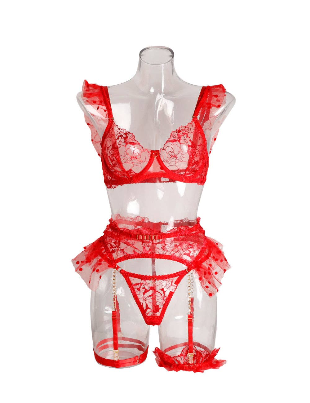 Sweetkama - Venta al por mayor Conjunto de lencería - Mujer - Conjunto de Lencería de 3 Piezas con Encaje Floral y Malla de Lunares para Damas SKLG408516