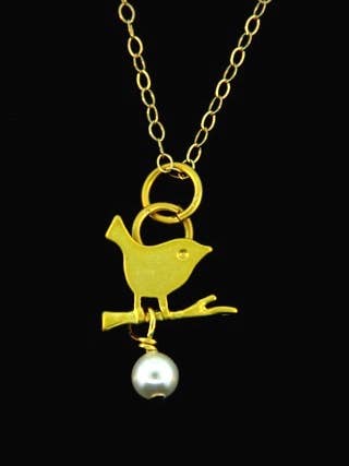 Gold Pearl Crystal Little Birdie Necklace for wholesale by Sosie Designs