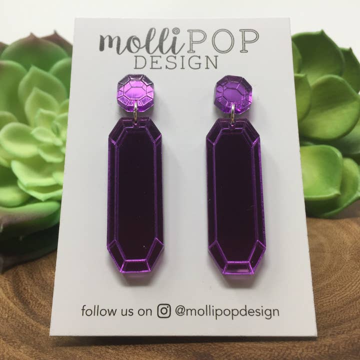 Orecchini pendenti con gemme rotonde e rettangolari a specchio rosa per la vendita all'ingrosso da parte di molliPOP Design