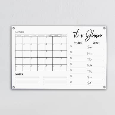 At A Glance Dry Erase Monthly Calendar, Monthly and Weekly Wall Calendar, Personalized Note Board, Acrylic Print for wholesale by Twinkle and Giraffe Designs