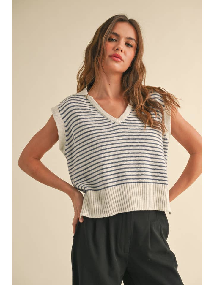 MIOU MUSE - Wholesale Knit Top - Women's - T3789 V-NECK STRIPE COLLAR KNITTED TOP