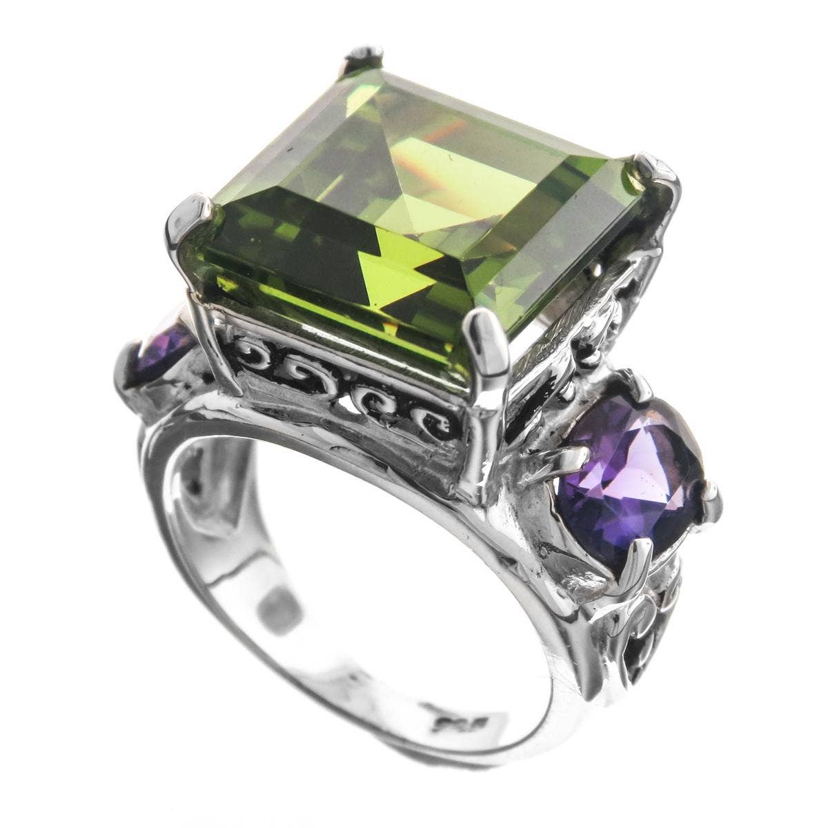 FifiRose - Vente Bague de cocktail/de cérémonie - bague cocktail visage en argent sterling 925 avec péridot et améthyste1