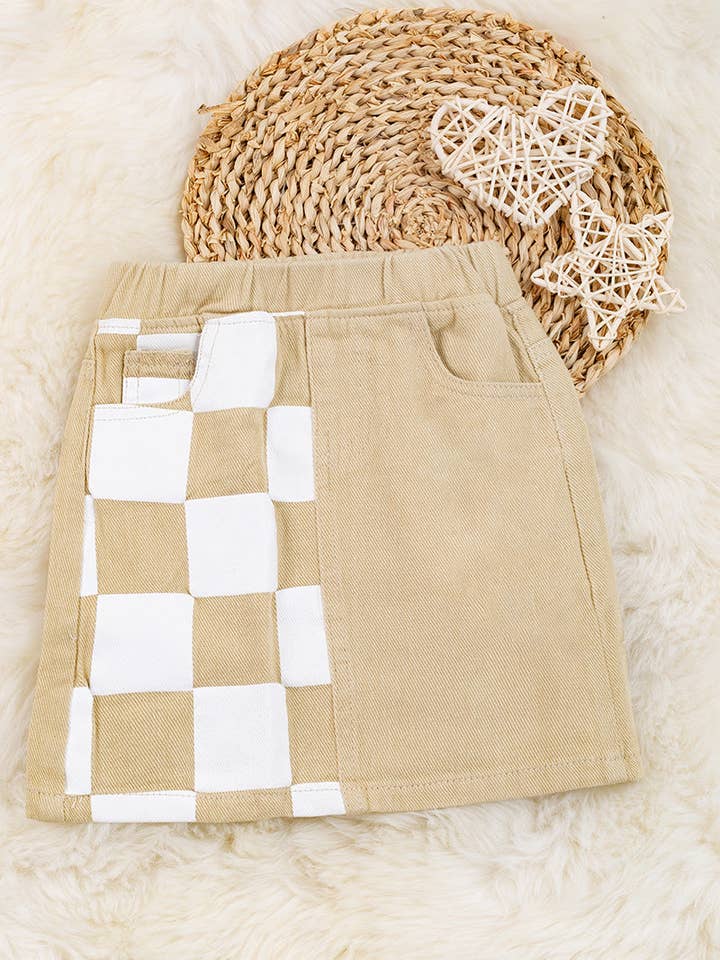 Ivory size printed checker denim skirt. DRG65153120 AMY for wholesale by Kids Charm Online