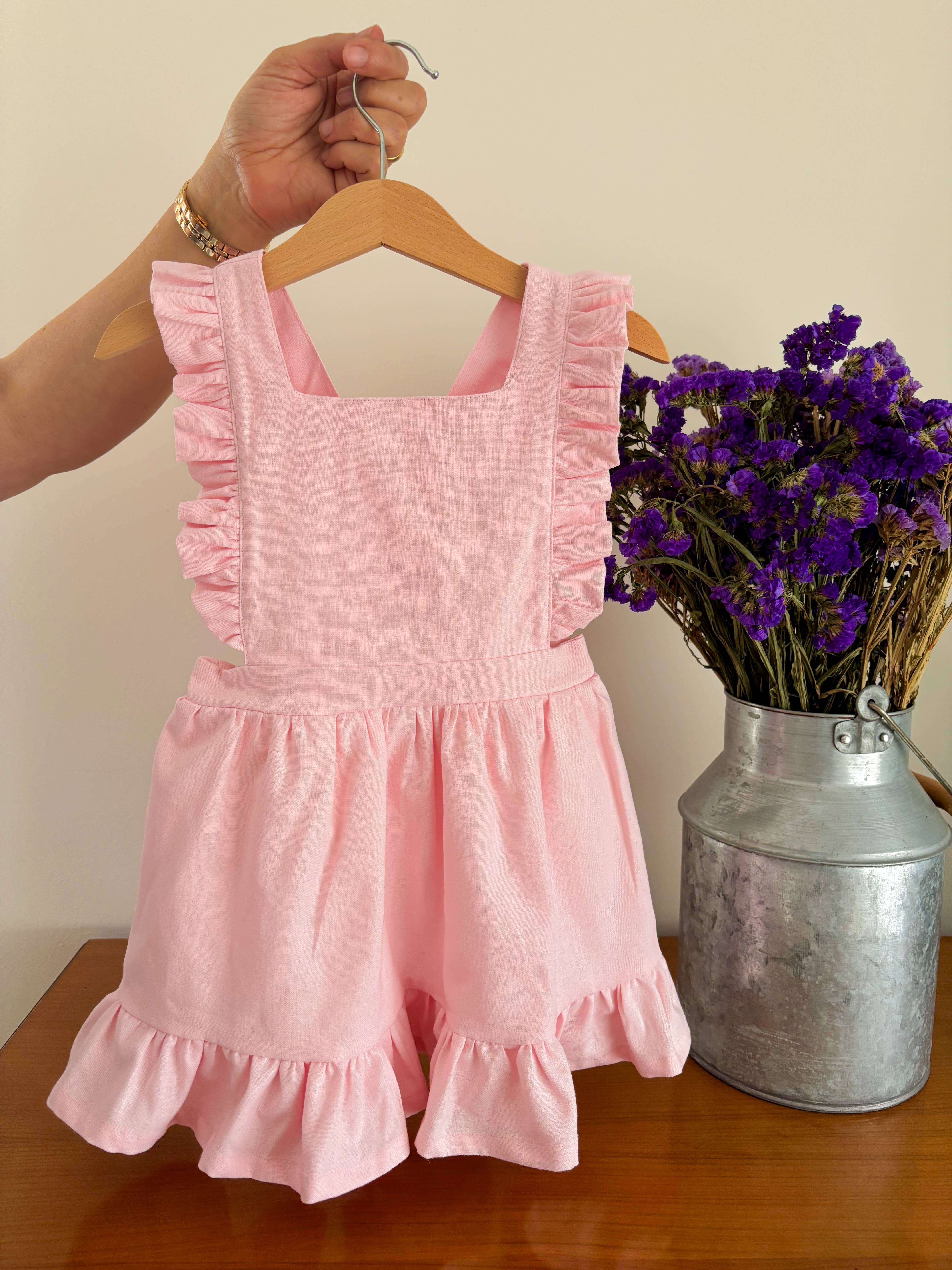 Maria Jasmim Baby & Child - Wholesale Dress Set - Baby - Pink Linen Pinafore Dress