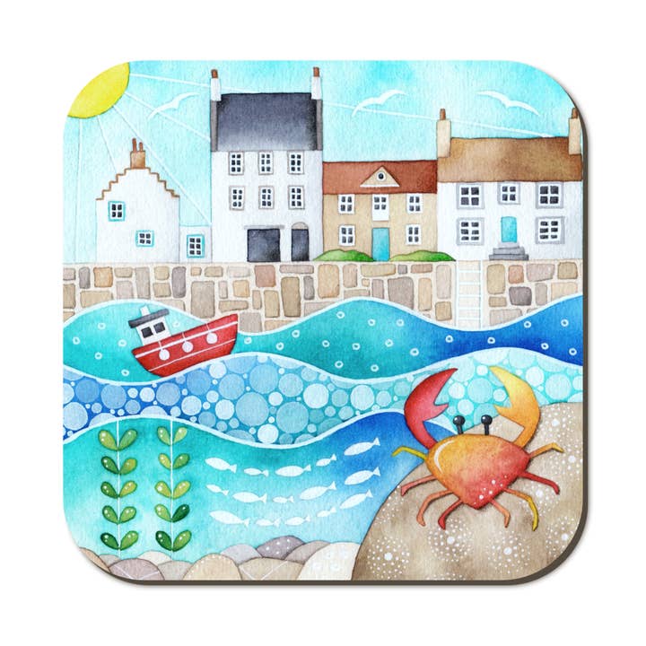 Fishing Harbour & Crab Coaster - Watercolour - Seaside Gifts for wholesale by East Neuk Beach Crafts