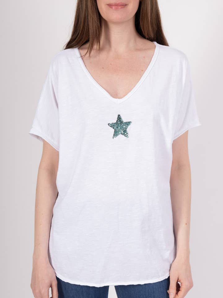 Mimi & Gogo - Venta al por mayor Camiseta - Mujer - Camiseta Doble Cuello V Estrella Lentejuelas @81845_TsEPaillete