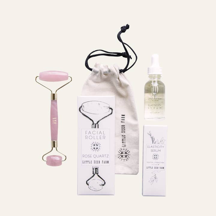 Rose Quartz Roller + Elasticity Serum Gift Set for wholesale by Little Seed Farm