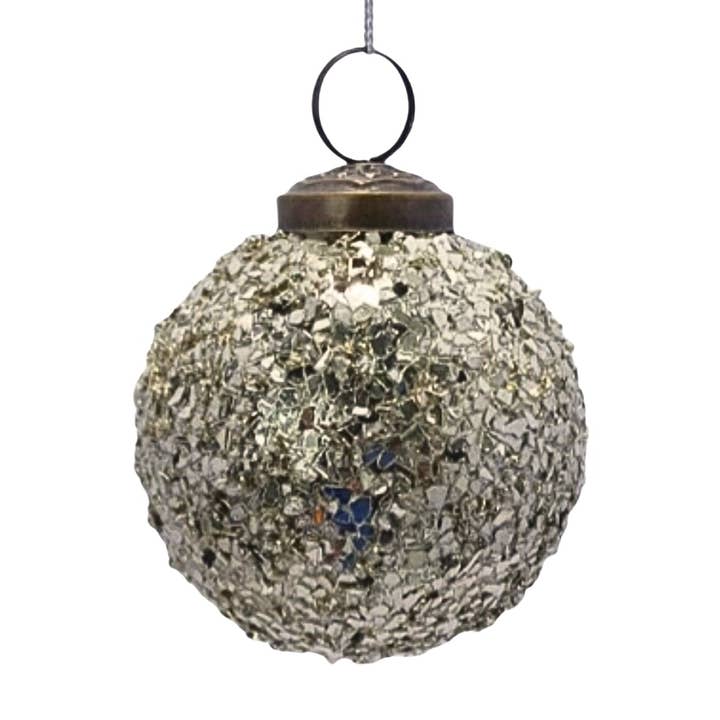 Textured Sequin Glass Ball Orn. - 3" Silver/Platinum for wholesale by David Christopher's Collection