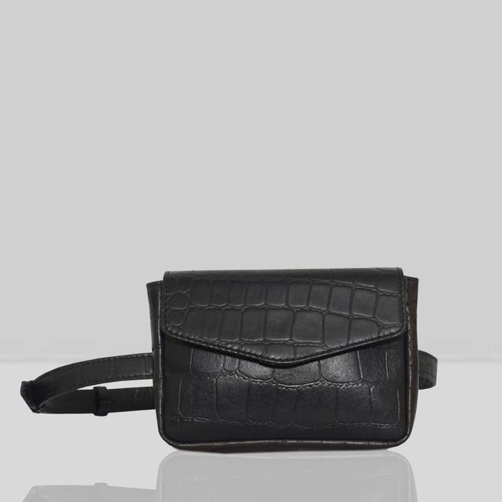 'CAMELLA' Black Croc Leather Bum Belt Waist Festival Bag for wholesale by Assots London