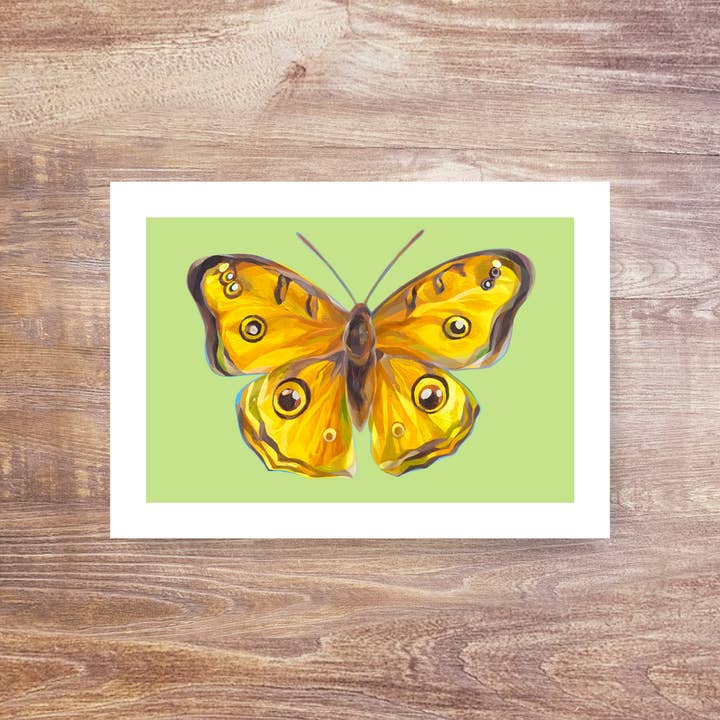 Yellow Peacock Pansy Butterfly on Pastel Green - Art Print for wholesale by Marigold Art Studios