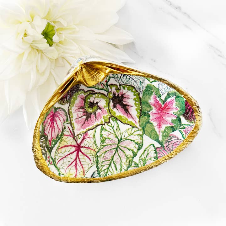 Adori Designs - Wholesale Jewelry Dish - Caladium Tropical Plant Decoupage Clam Shell