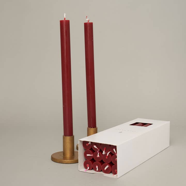Berry Red Coloured Box of 12 Taper Candles - 12hr Burn for wholesale by True Grace