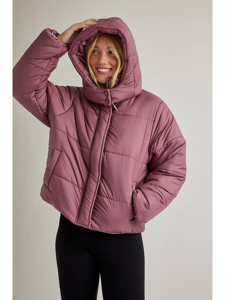 MAUVE PUFFER JACKET WITH ATTACHABLE HOODIE for wholesale on Faire