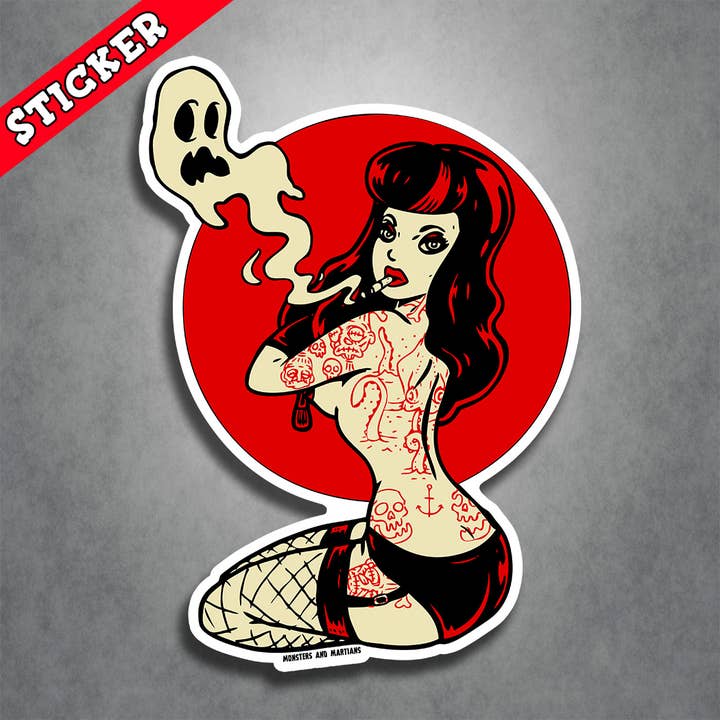Sexy Goth Girl Pinup Burlesque Sticker - Horror Punk Lowbrow for wholesale by Monsters and Martians LLC
