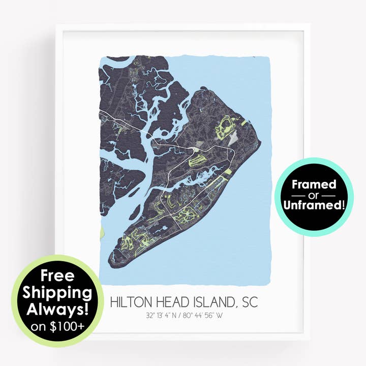 Hilton Head Island South Carolina map, city map art print for wholesale by Sparks House Co.