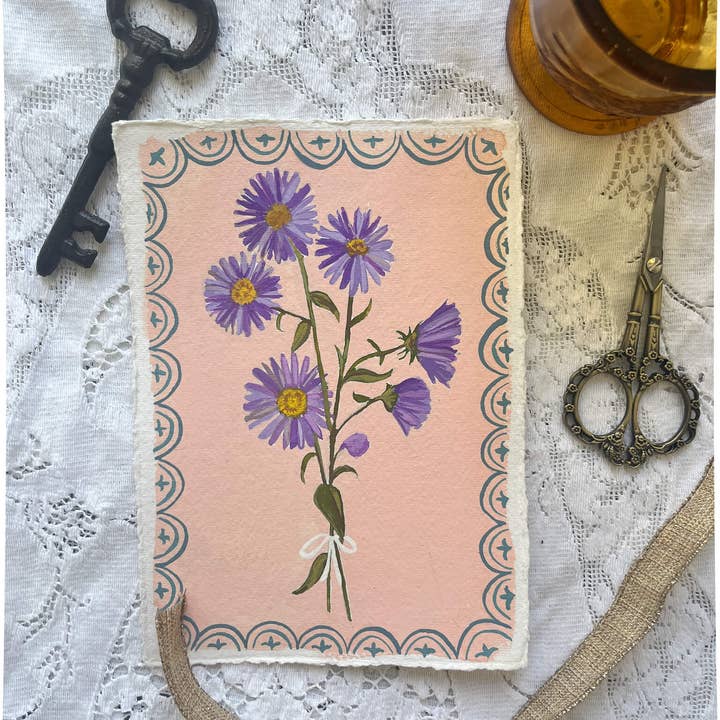 glad you're here co - Wholesale Painting/Drawing - Original September Birth Month Flower – Aster Flower Painting on Handmade Paper – Vintage Botanical Artwork for Elegance & Valor3