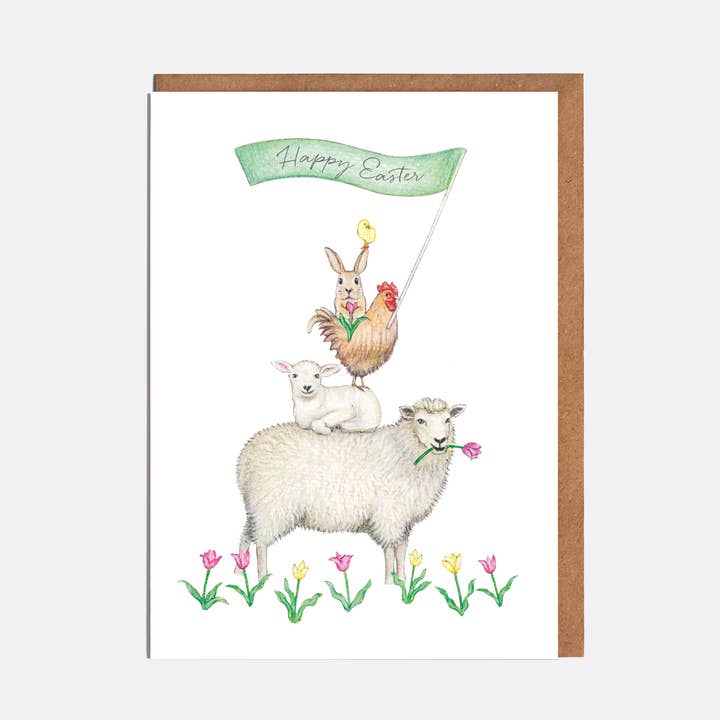 Sheep, Chicken & Rabbit Animal Easter Card - 'Happy Easter' for wholesale by Lottie Murphy