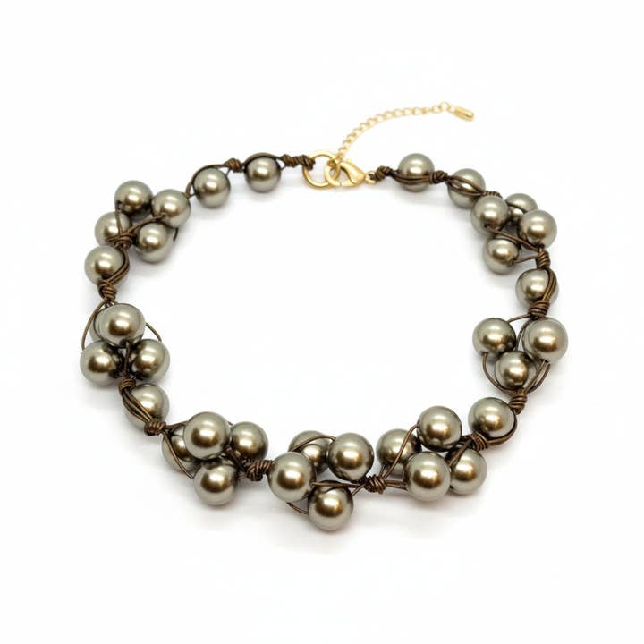 Taupe Glass Pearls and Bronze Leather Woven Necklace for wholesale by Deborah Grivas Designs